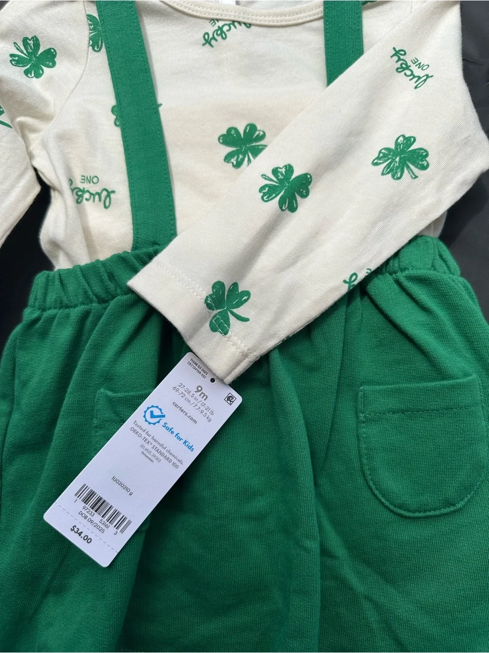 Carter's Cream Top with Green Shamrock Print and Green Suspender Skirt - Picture 2 of 2